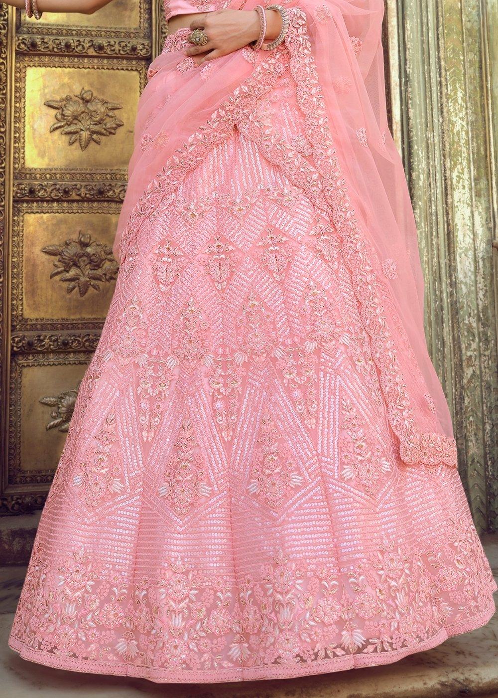 Creamy Pink Soft Net Lehenga Choli with Sequins, Thread, Zari & Dori work - qivii