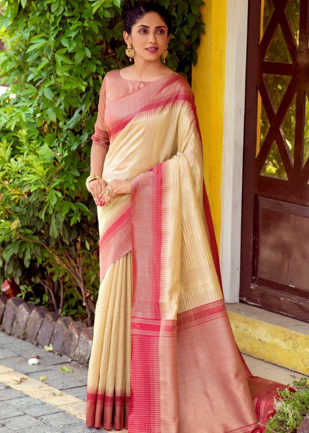 Creamy White Zari Weaving Silk Saree with Tassels on Pallu | Stitched Blouse - qivii