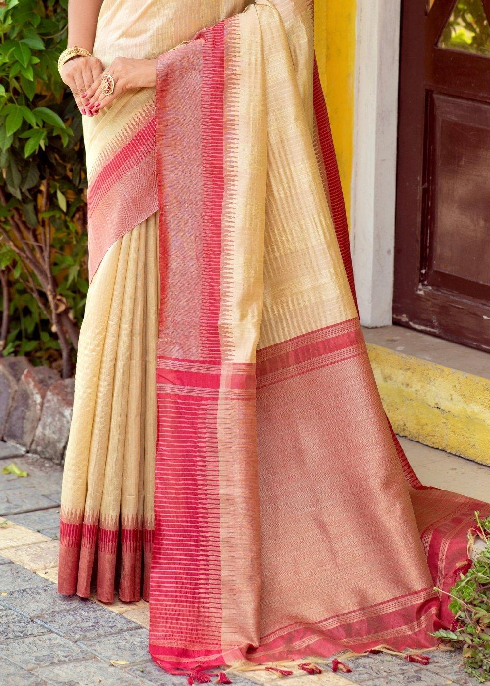 Creamy White Zari Weaving Silk Saree with Tassels on Pallu | Stitched Blouse - qivii