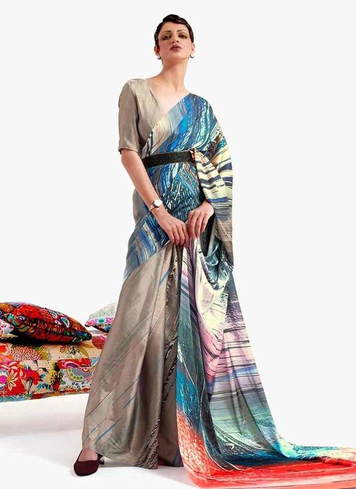 Crepe Fabric V-neck Blouse Fascinating Look Multi Color Printed Plain Saree  - By Kreeva - qivii