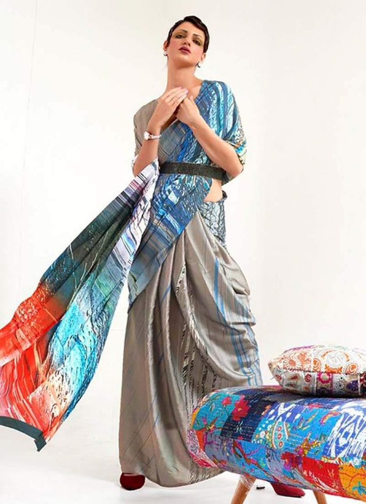 Crepe Fabric V-neck Blouse Fascinating Look Multi Color Printed Plain Saree  - By Kreeva - qivii