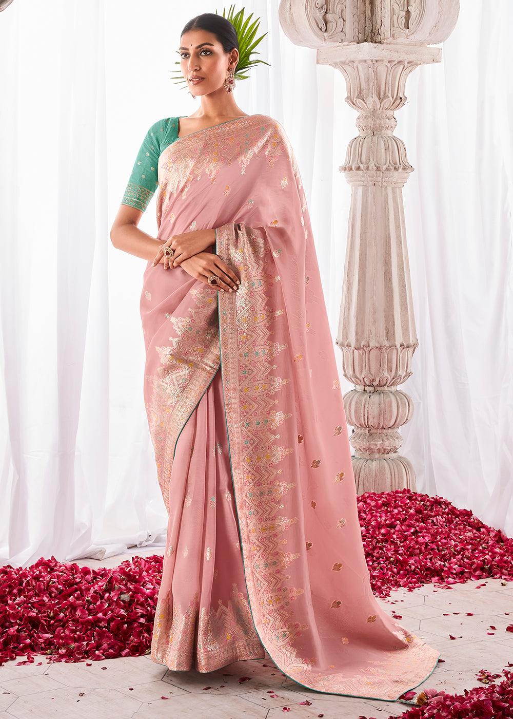 Crepe Pink Kora Silk Saree with Meenakari Pallu & Designer Blouse - qivii