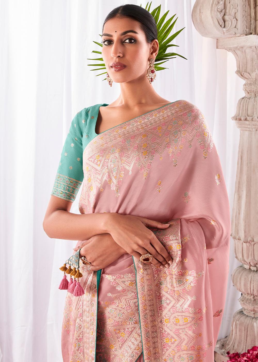 Crepe Pink Kora Silk Saree with Meenakari Pallu & Designer Blouse - qivii