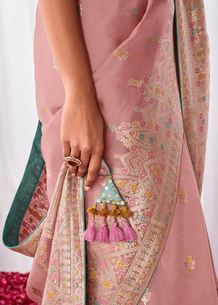 Crepe Pink Kora Silk Saree with Meenakari Pallu & Designer Blouse - qivii