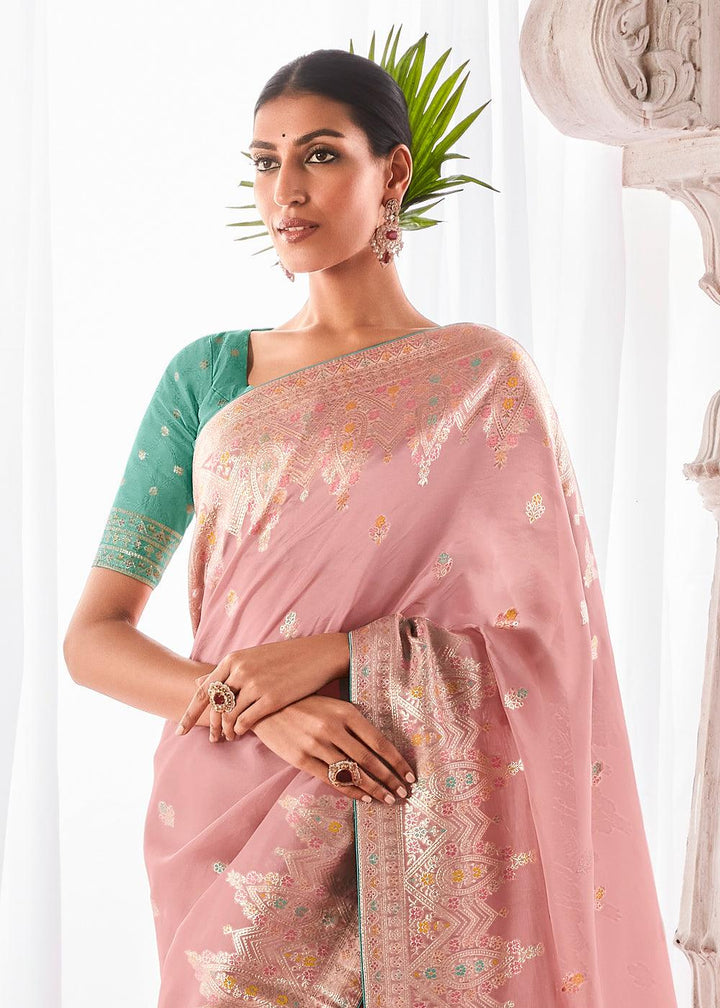 Crepe Pink Kora Silk Saree with Meenakari Pallu & Designer Blouse - qivii