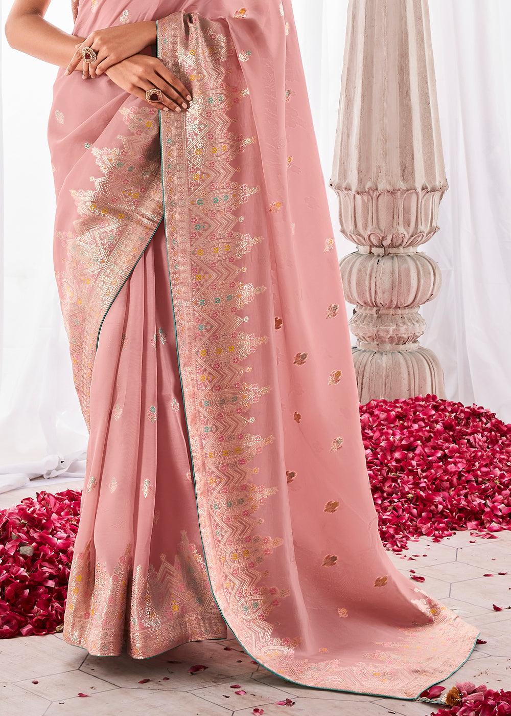 Crepe Pink Kora Silk Saree with Meenakari Pallu & Designer Blouse - qivii