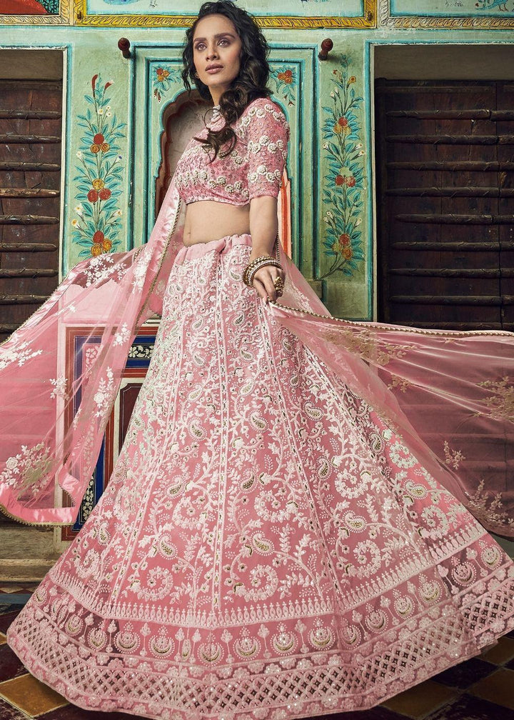 Crepe Pink Soft Net Lehenga Choli with Thread & Pearl work - qivii