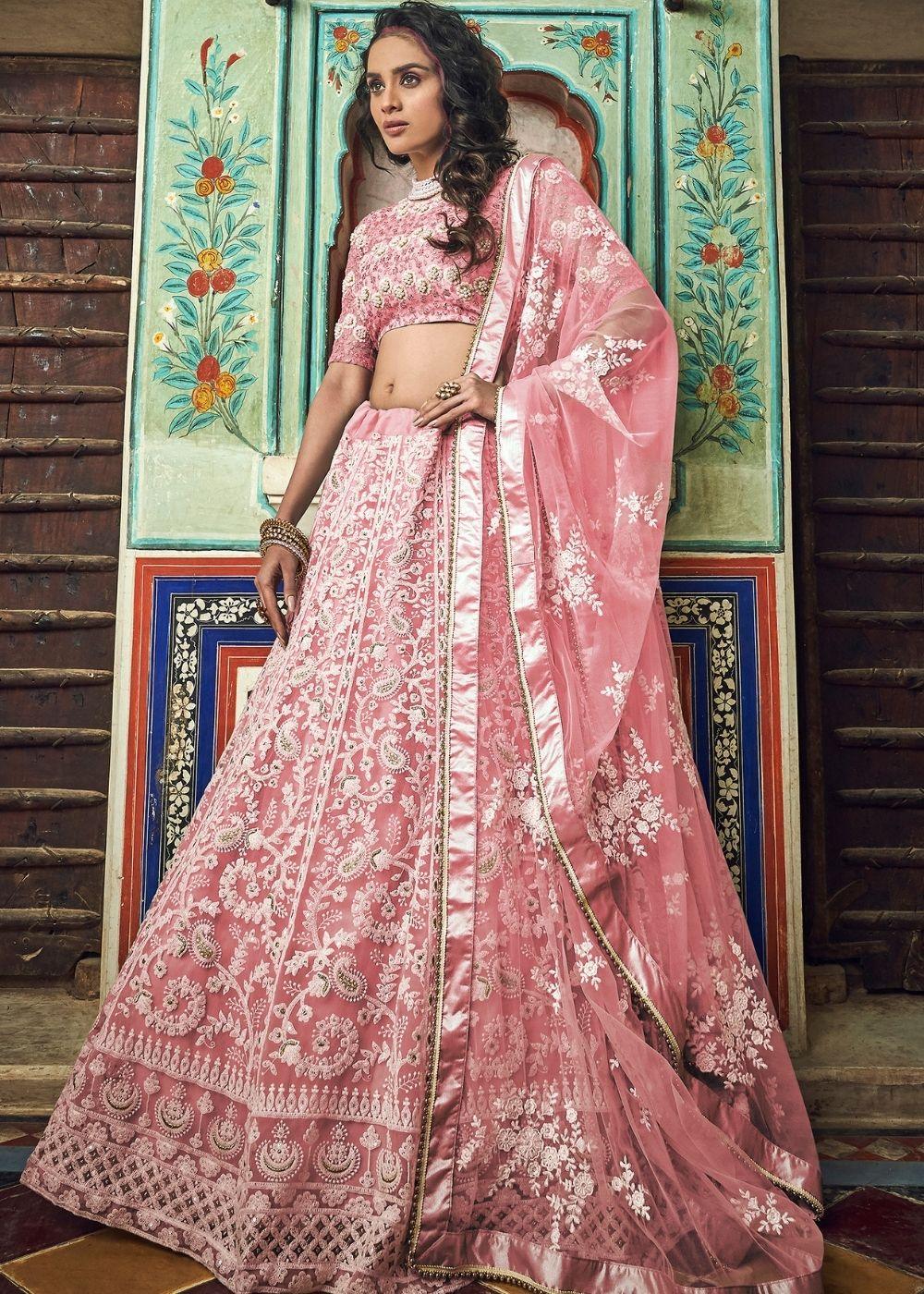 Crepe Pink Soft Net Lehenga Choli with Thread & Pearl work - qivii