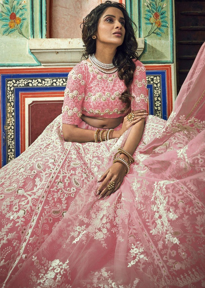 Crepe Pink Soft Net Lehenga Choli with Thread & Pearl work - qivii