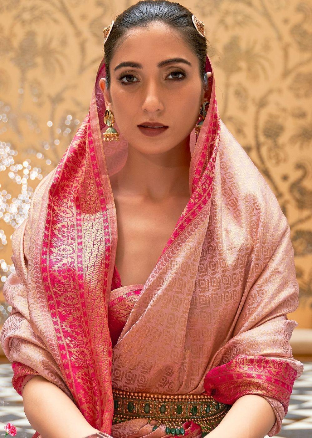 Crepe Pink Zari Woven Kanjivaram Silk Saree | Stitched Blouse - qivii