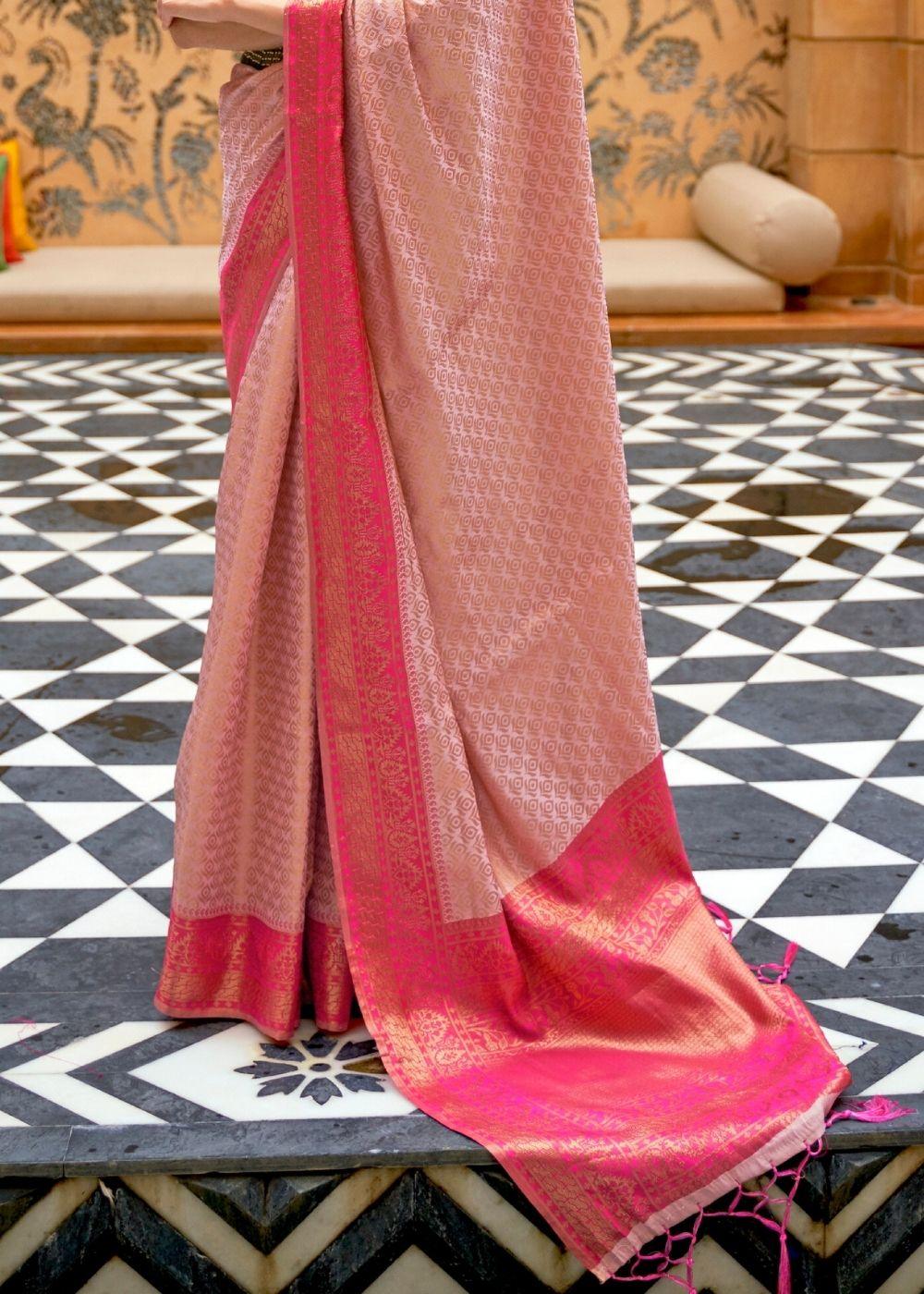 Crepe Pink Zari Woven Kanjivaram Silk Saree | Stitched Blouse - qivii