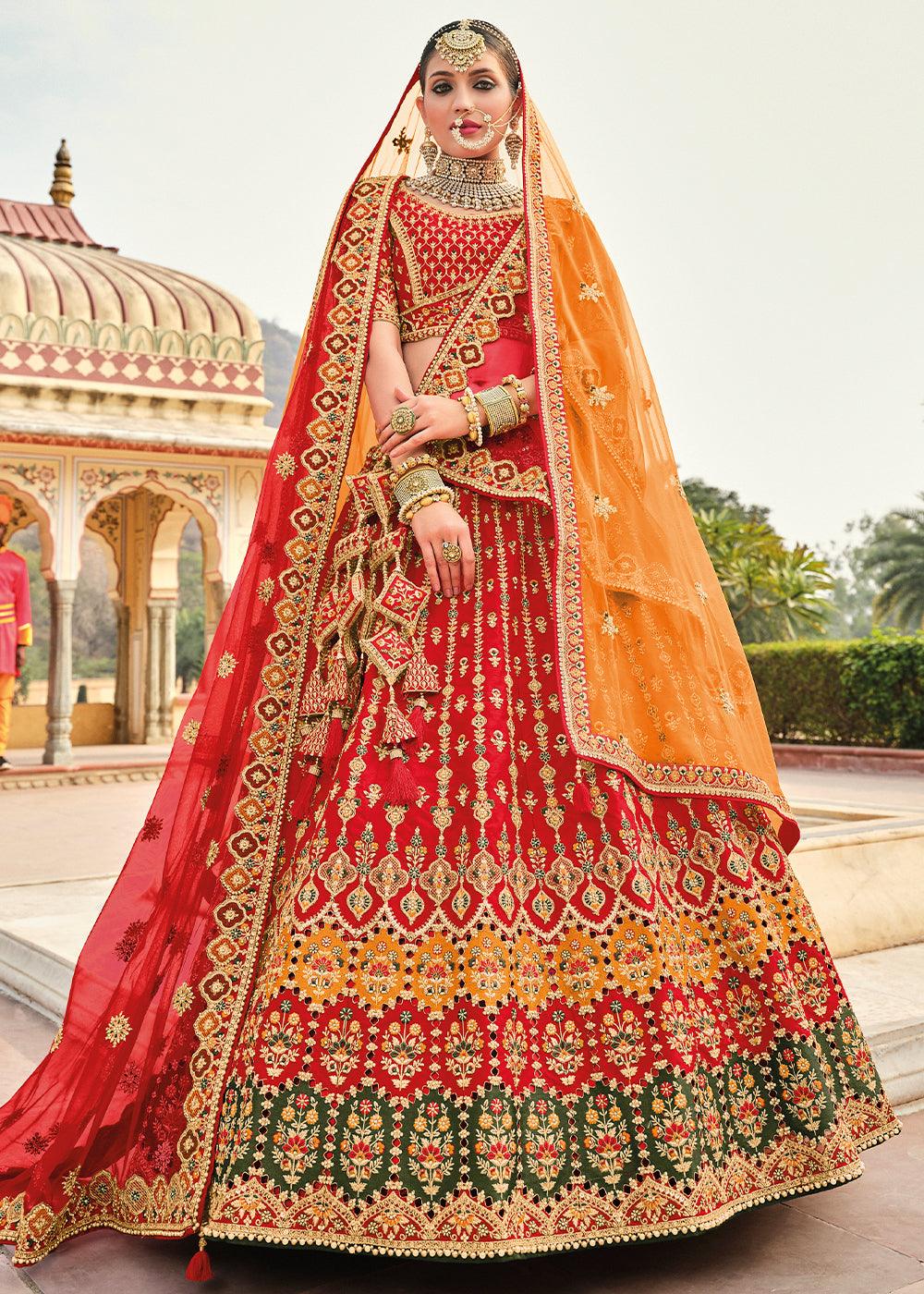 Crimson Red Banarasi Silk Lehenga Choli with Heavy Embroidery Work - qivii