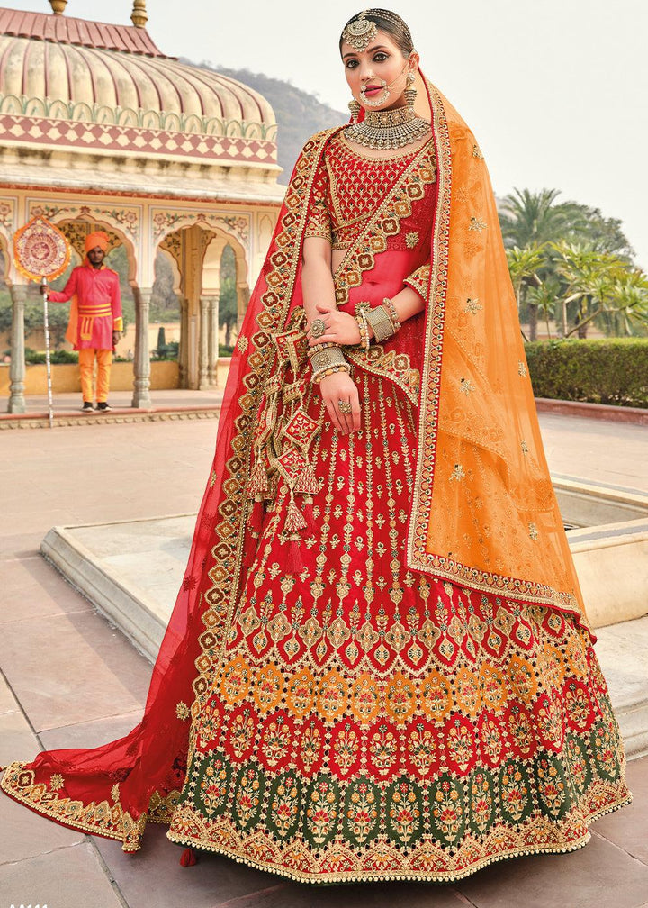 Crimson Red Banarasi Silk Lehenga Choli with Heavy Embroidery Work - qivii