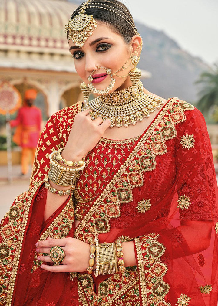 Crimson Red Banarasi Silk Lehenga Choli with Heavy Embroidery Work - qivii