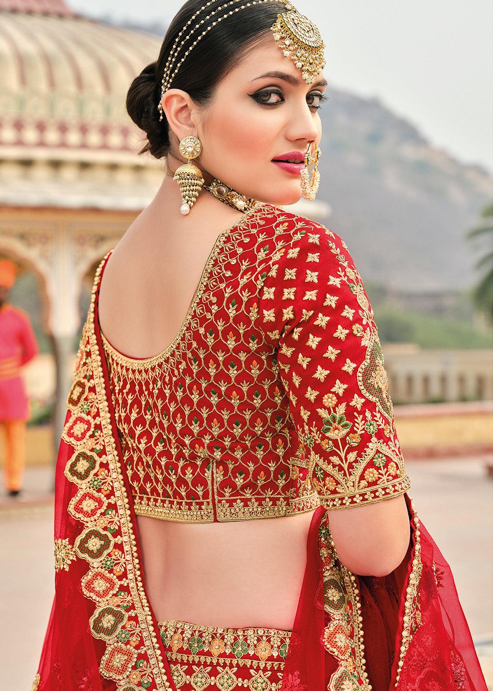 Crimson Red Banarasi Silk Lehenga Choli with Heavy Embroidery Work - qivii