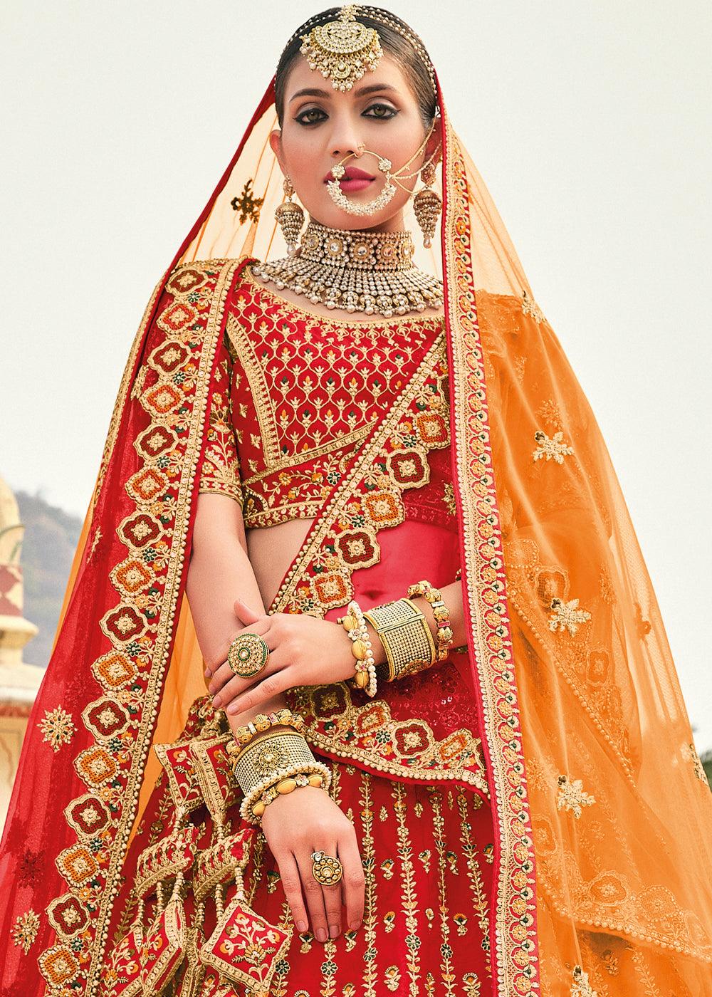 Crimson Red Banarasi Silk Lehenga Choli with Heavy Embroidery Work - qivii