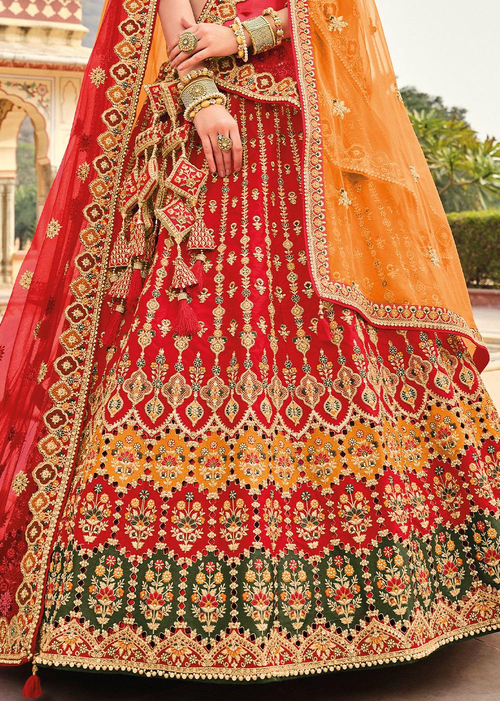 Crimson Red Banarasi Silk Lehenga Choli with Heavy Embroidery Work - qivii