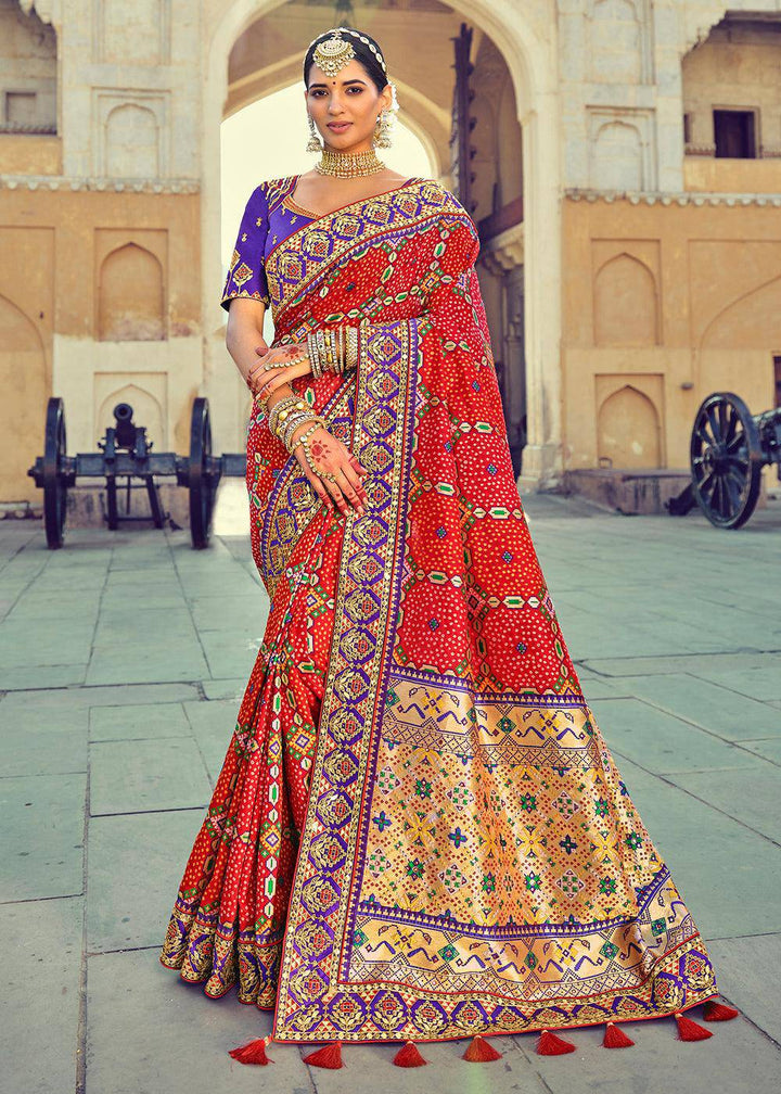 Crimson Red Bandhej Patola Silk Saree with Mirror, Khatli & Cut-Dana work | Stitched Blouse - qivii