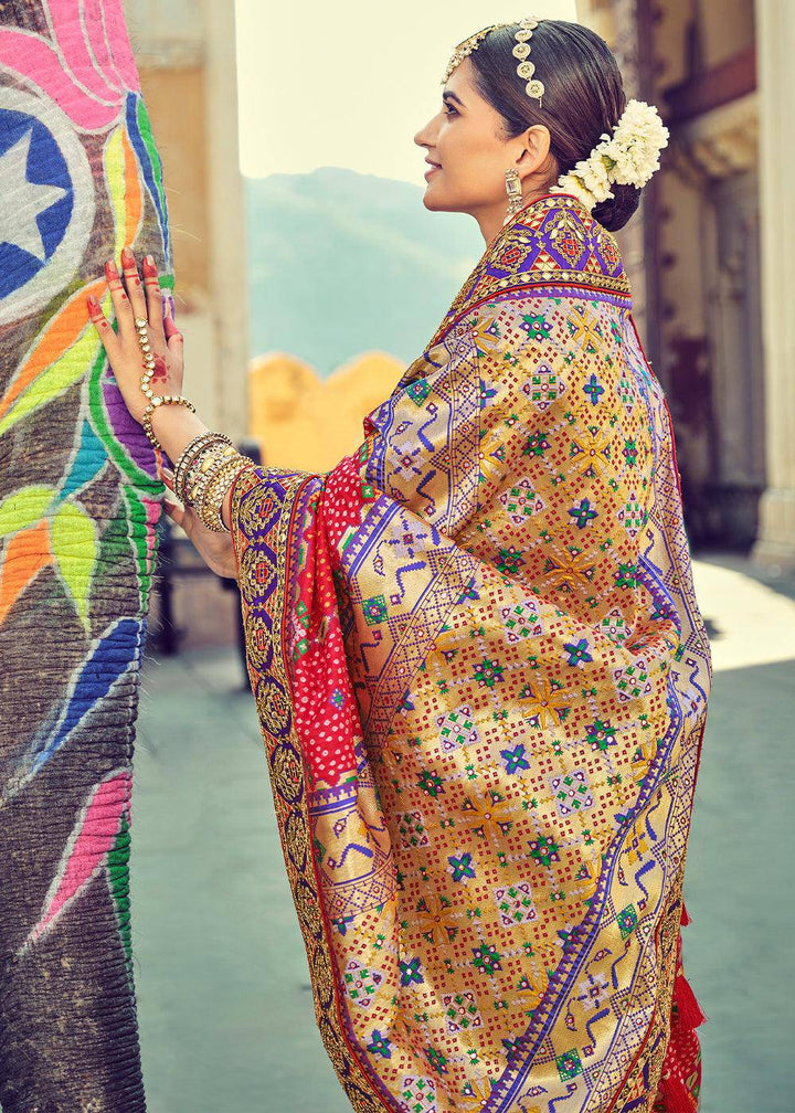 Crimson Red Bandhej Patola Silk Saree with Mirror, Khatli & Cut-Dana work | Stitched Blouse - qivii