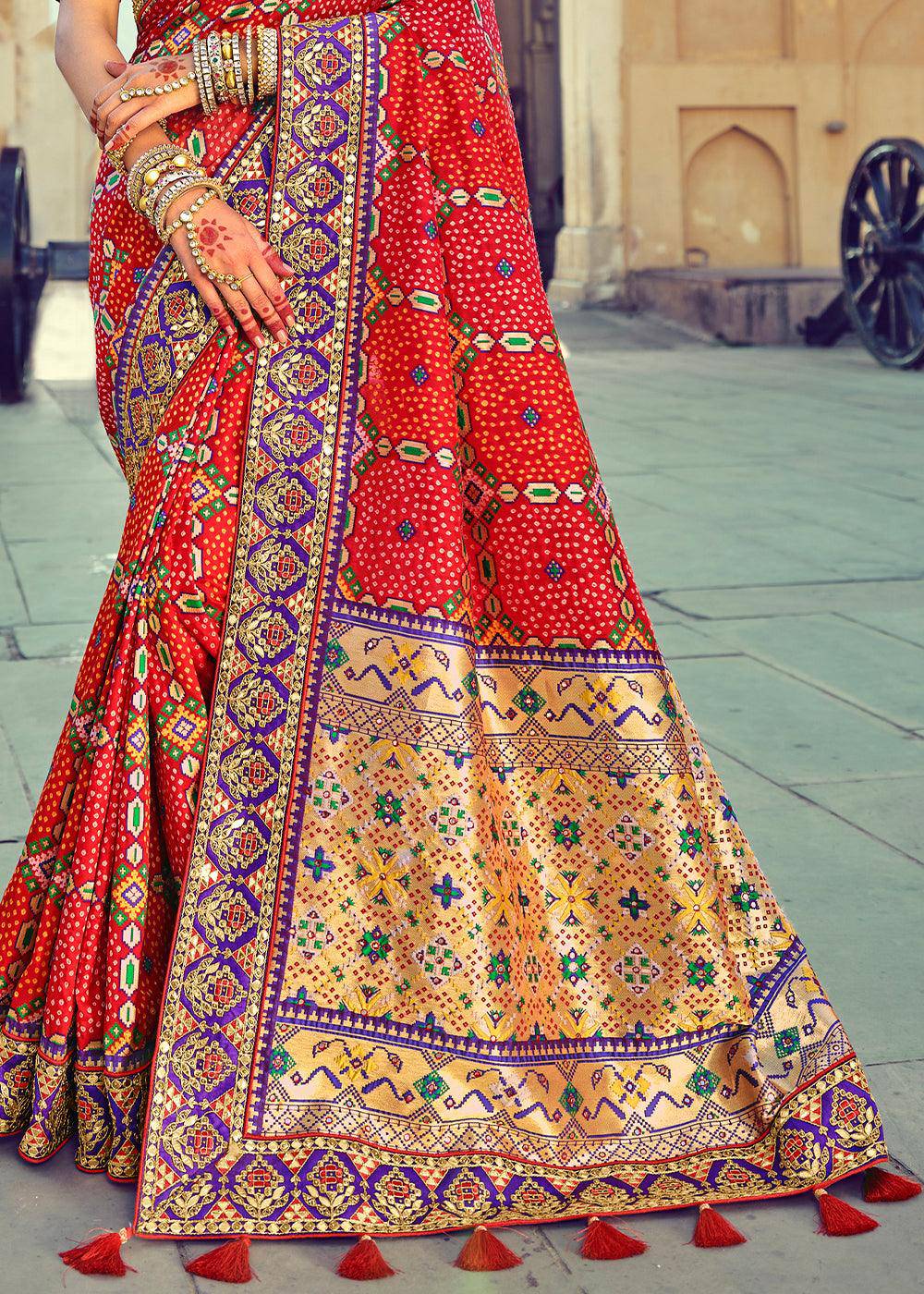 Crimson Red Bandhej Patola Silk Saree with Mirror, Khatli & Cut-Dana work | Stitched Blouse - qivii