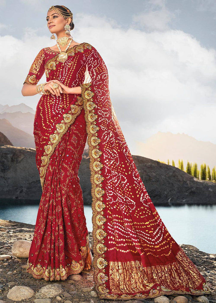 Crimson Red Bandhej Satin Silk Saree with Mirror,Moti & Cut-Dana Work | Stitched Blouse - qivii