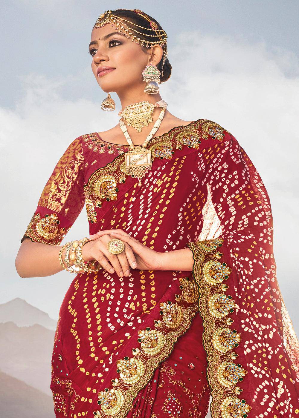 Crimson Red Bandhej Satin Silk Saree with Mirror,Moti & Cut-Dana Work | Stitched Blouse - qivii