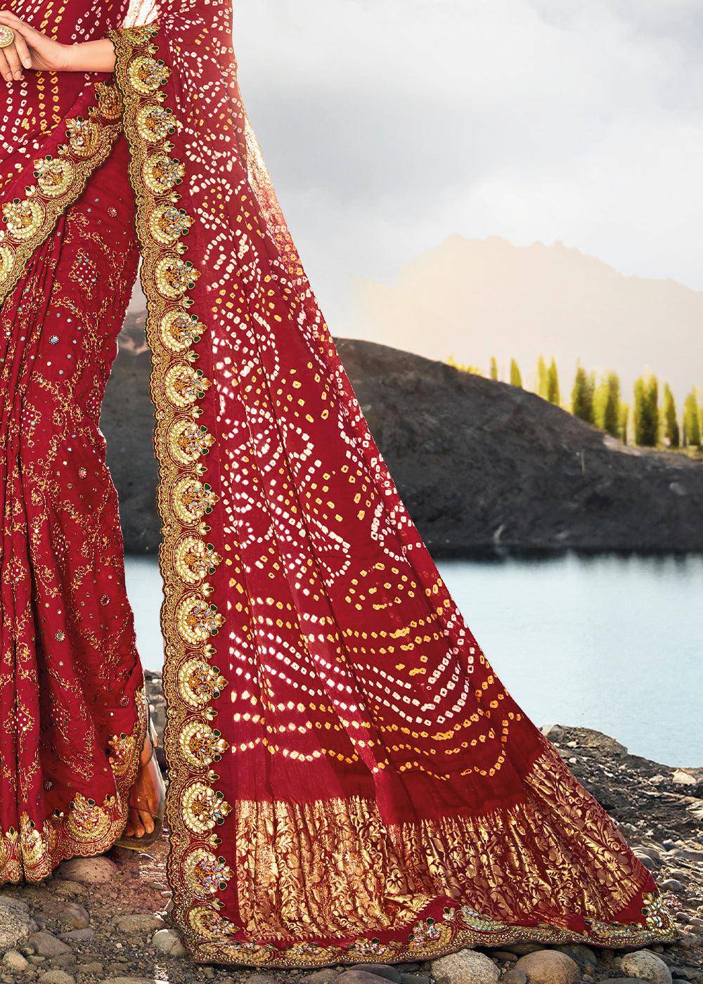 Crimson Red Bandhej Satin Silk Saree with Mirror,Moti & Cut-Dana Work | Stitched Blouse - qivii