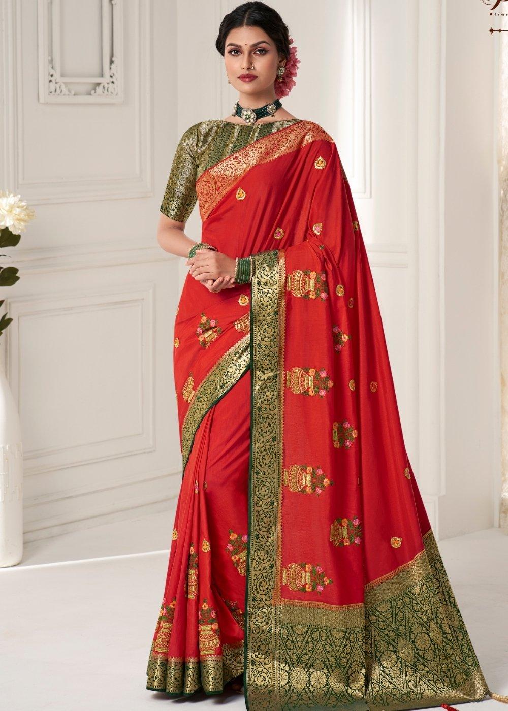 Crimson Red Dola Silk Saree with Embroidered Buttas & Zari Woven Pallu | Stitched Blouse - qivii