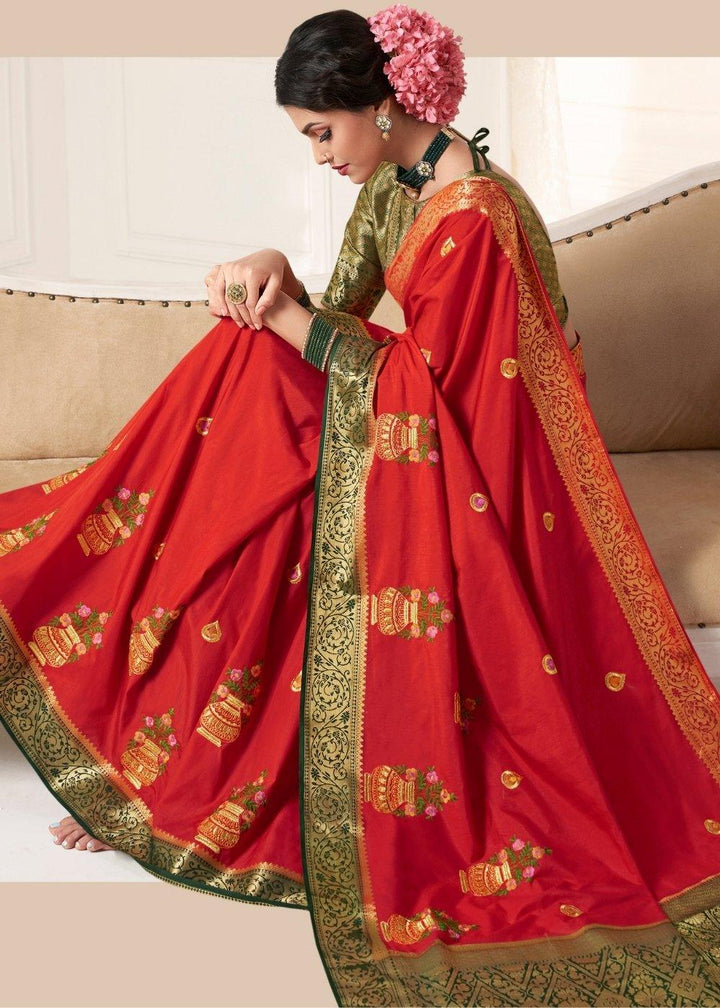 Crimson Red Dola Silk Saree with Embroidered Buttas & Zari Woven Pallu | Stitched Blouse - qivii