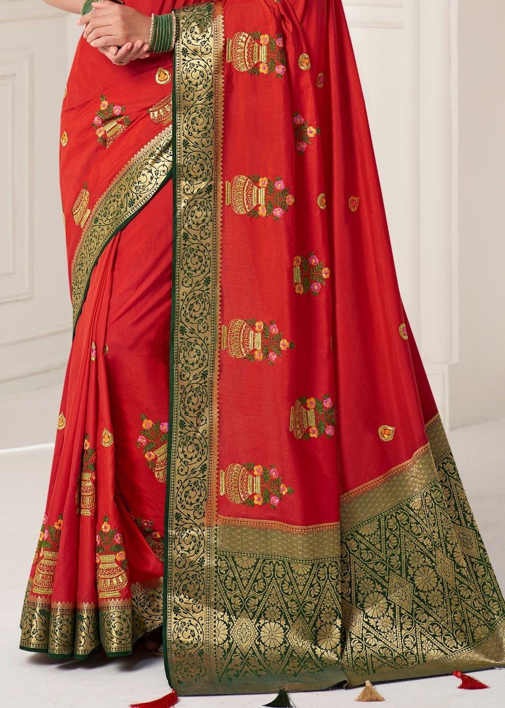 Crimson Red Dola Silk Saree with Embroidered Buttas & Zari Woven Pallu | Stitched Blouse - qivii