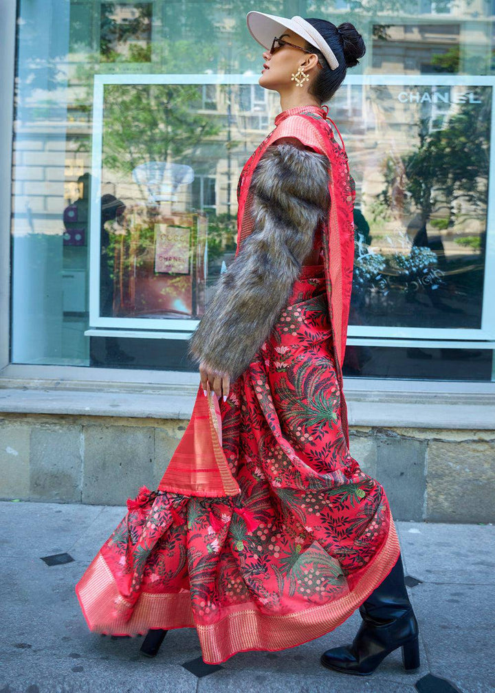 Crimson Red Floral Printed Satin Organza Saree | Stitched Blouse - qivii