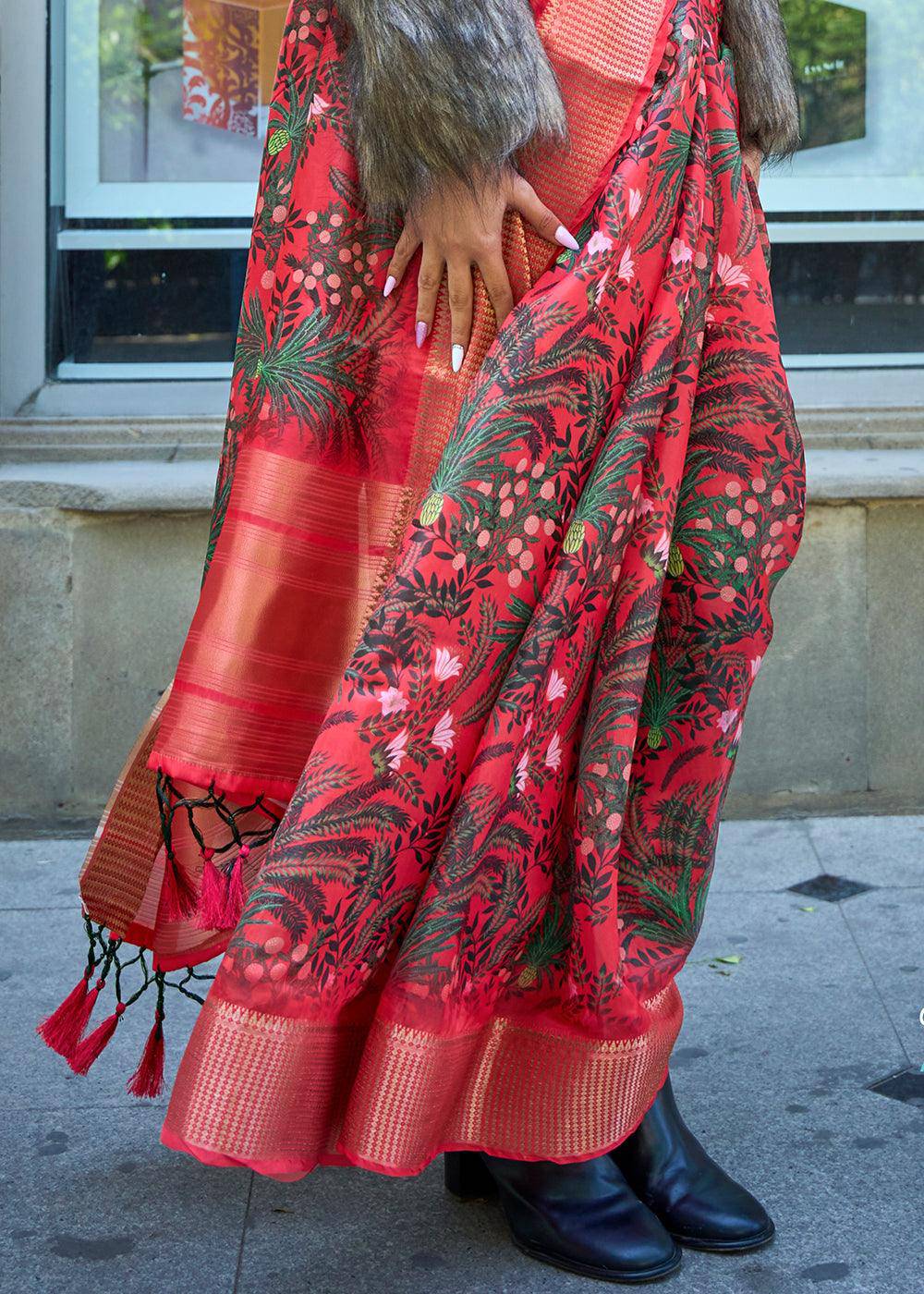 Crimson Red Floral Printed Satin Organza Saree | Stitched Blouse - qivii