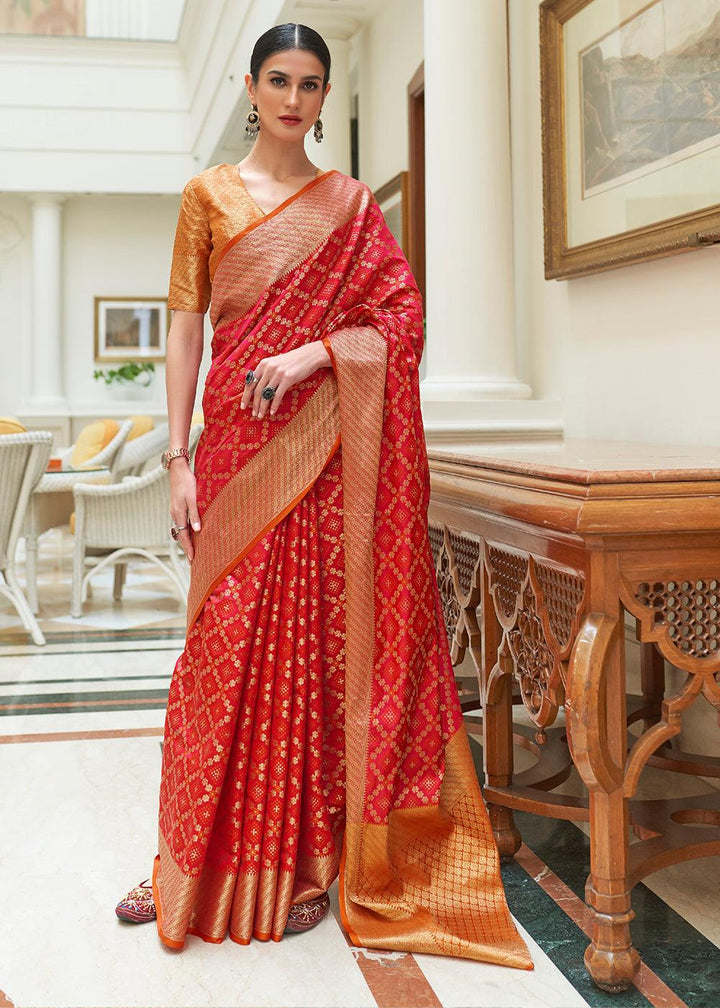 Crimson Red Handloom Patola Weave Silk Saree | Stitched Blouse - qivii