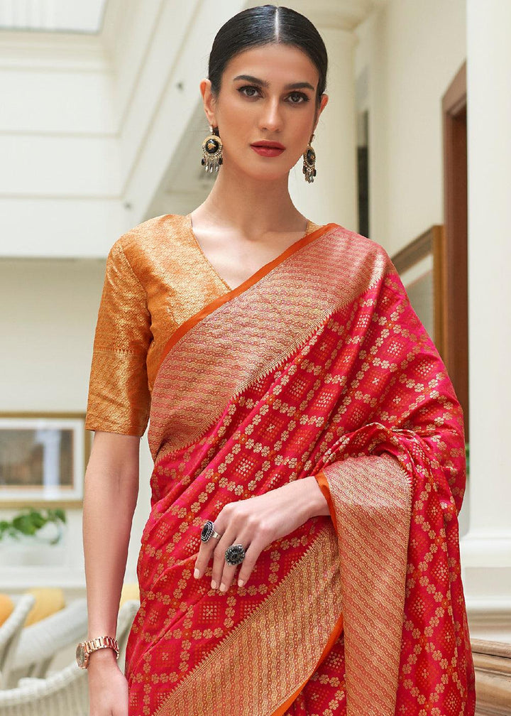 Crimson Red Handloom Patola Weave Silk Saree | Stitched Blouse - qivii