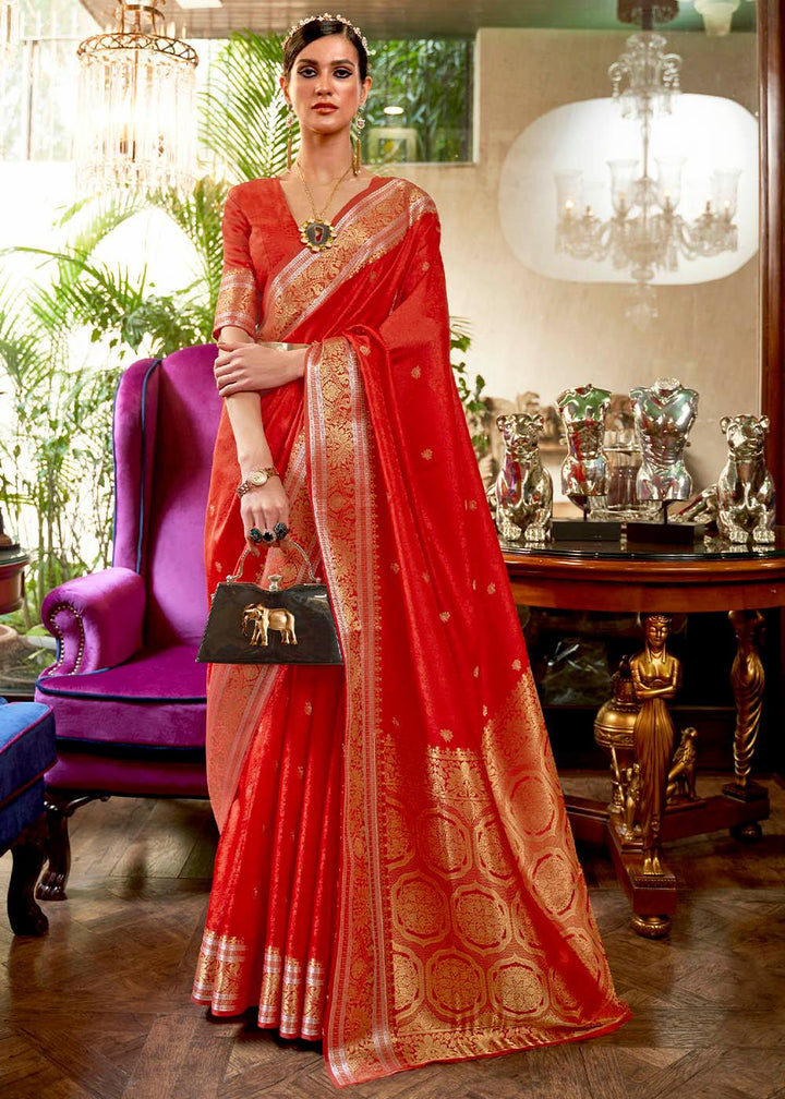 Crimson Red Kanjivaram Silk Saree Woven with Silver & Golden Zari | Stitched Blouse - qivii