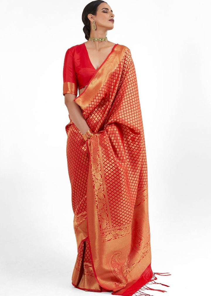 Crimson Red Kanjivaram Soft Woven Silk Saree | Stitched Blouse - qivii