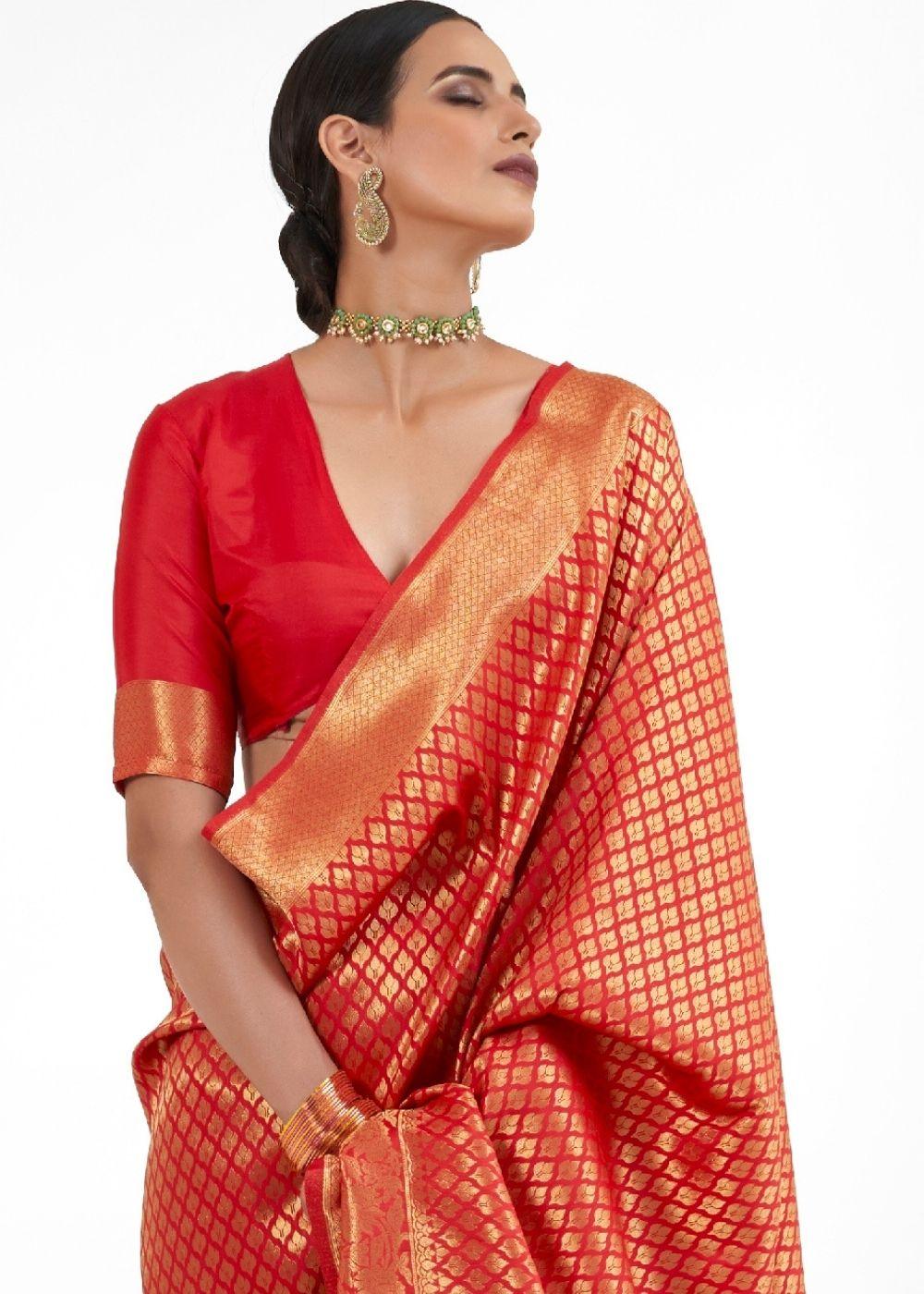 Crimson Red Kanjivaram Soft Woven Silk Saree | Stitched Blouse - qivii