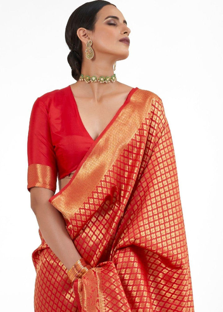 Crimson Red Kanjivaram Soft Woven Silk Saree | Stitched Blouse - qivii