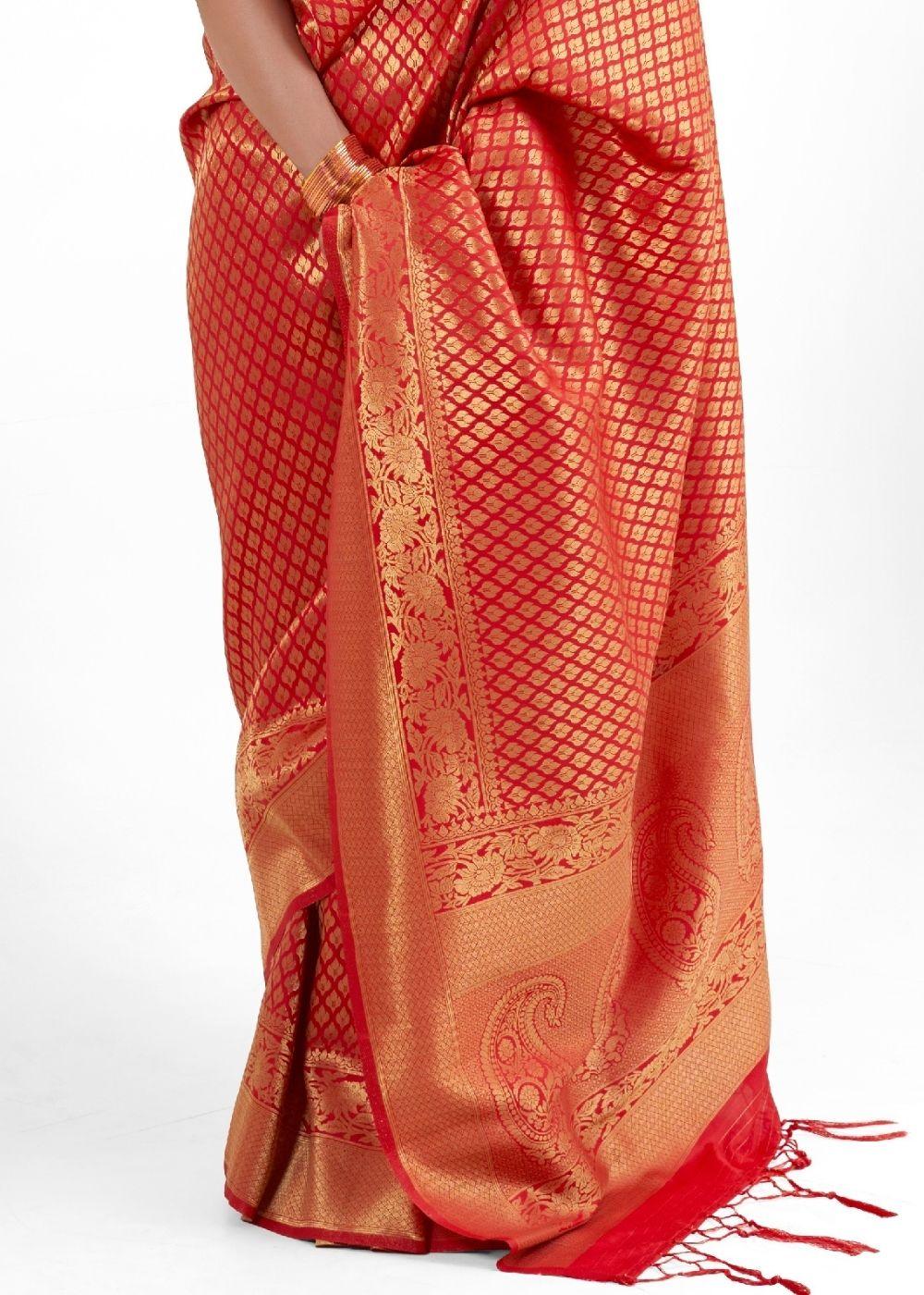 Crimson Red Kanjivaram Soft Woven Silk Saree | Stitched Blouse - qivii