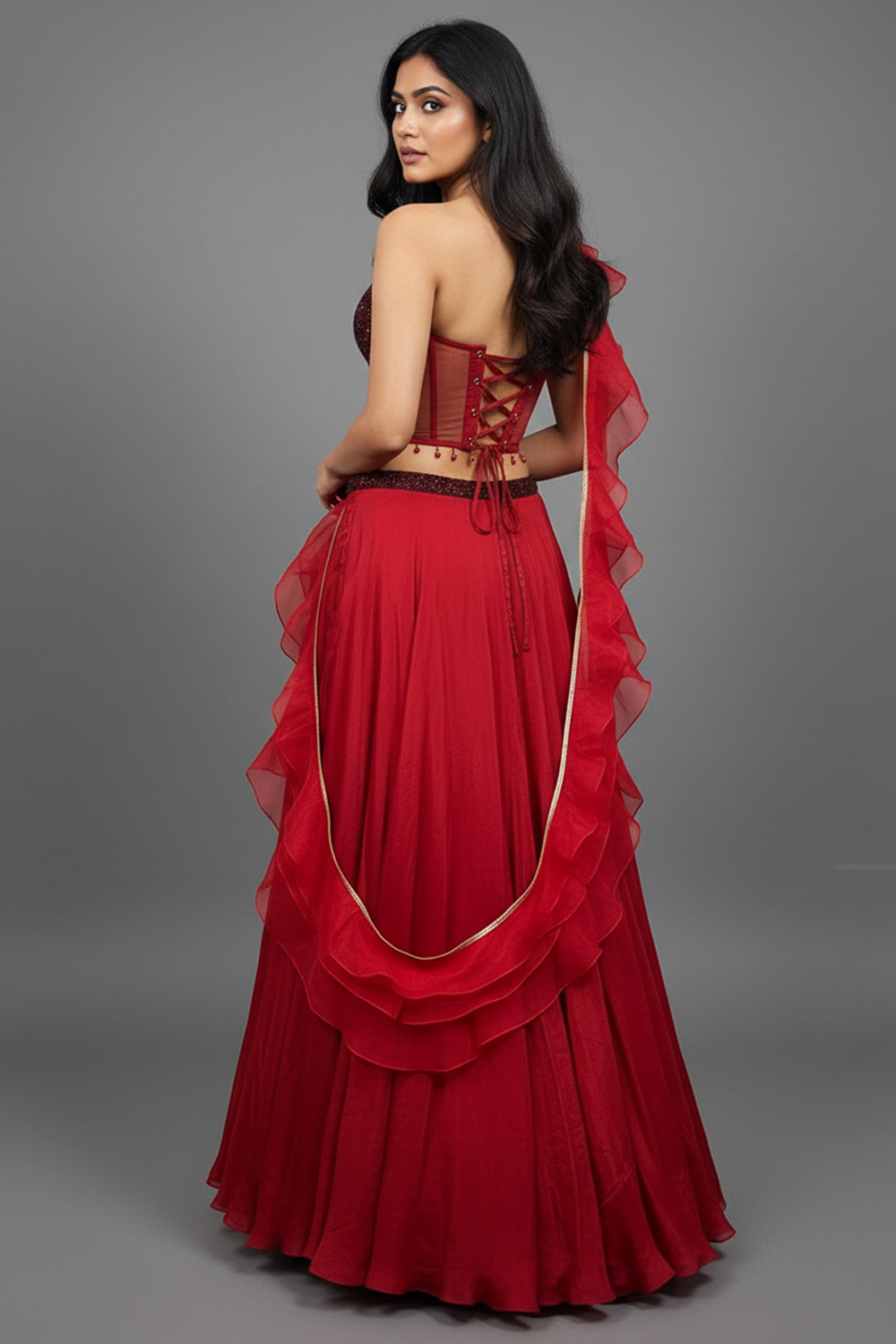 Crimson Red Lehenga with Corset Blouse & Dupatta