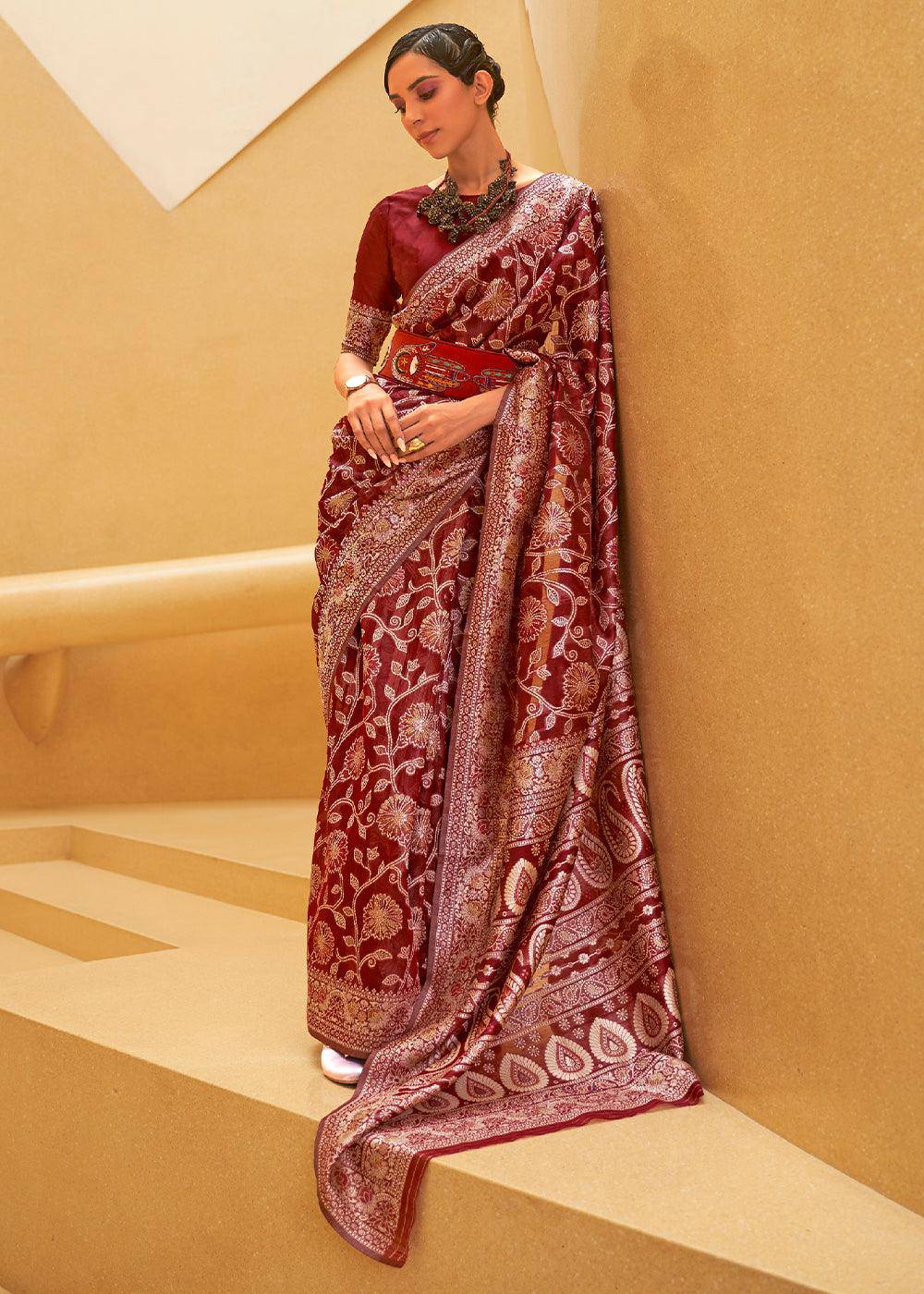 Crimson Red Lucknowi Chikankari Weaving Silk Saree | Stitched Blouse - qivii