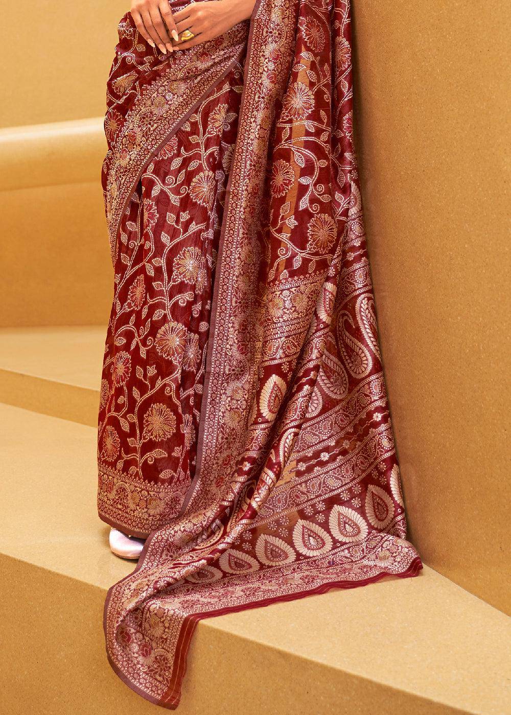 Crimson Red Lucknowi Chikankari Weaving Silk Saree | Stitched Blouse - qivii