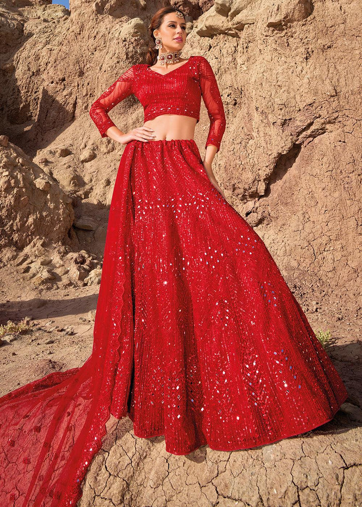 Crimson Red Net lehenga Choli with Mirror,Zarkan & Cutwork - qivii