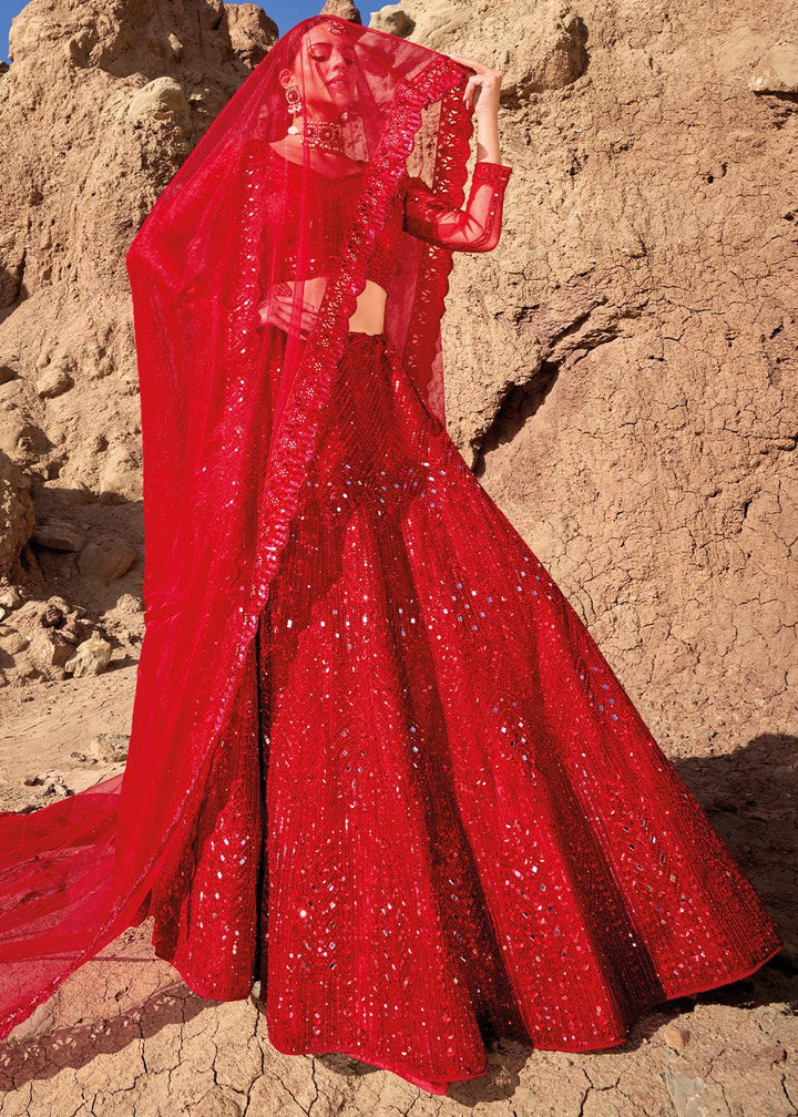 Crimson Red Net lehenga Choli with Mirror,Zarkan & Cutwork - qivii