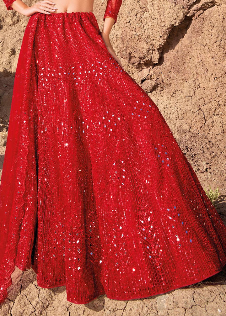 Crimson Red Net lehenga Choli with Mirror,Zarkan & Cutwork - qivii