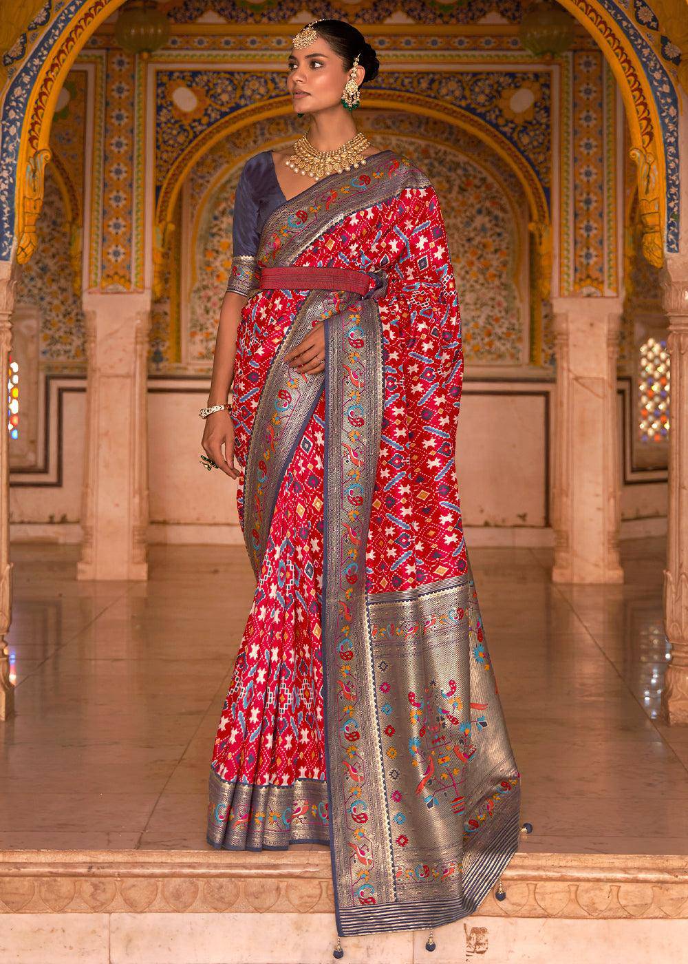 Crimson Red Patola Printed Designer Silk Saree | Stitched Blouse - qivii