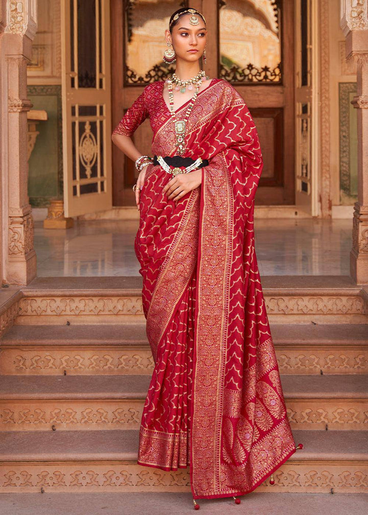 Crimson Red Soft Banarasi Silk Saree | Stitched Blouse - qivii