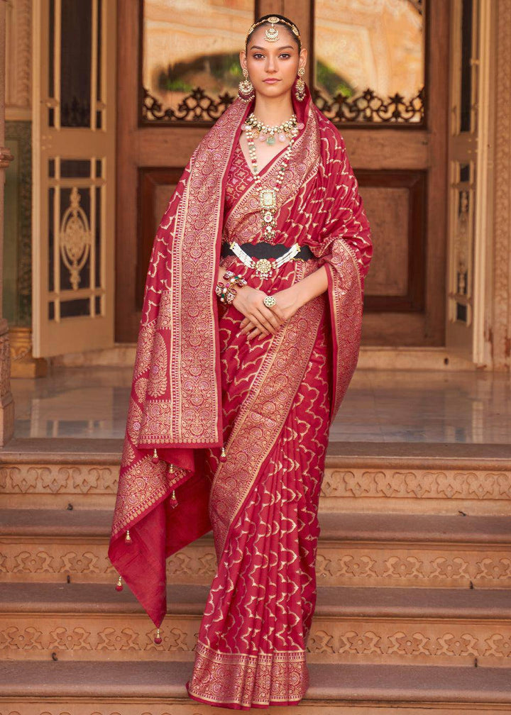 Crimson Red Soft Banarasi Silk Saree | Stitched Blouse - qivii