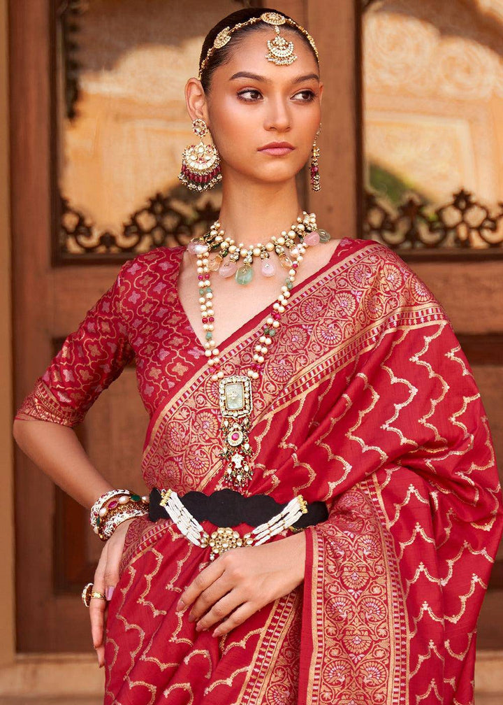 Crimson Red Soft Banarasi Silk Saree | Stitched Blouse - qivii