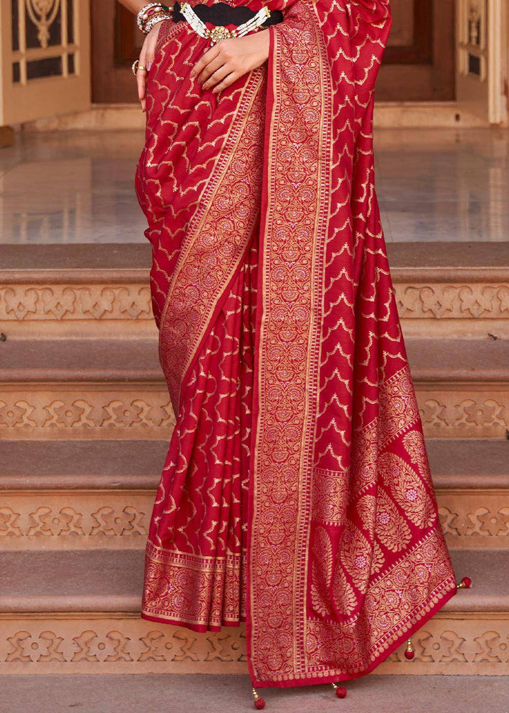 Crimson Red Soft Banarasi Silk Saree | Stitched Blouse - qivii